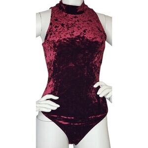 NWT Second Skin Burgundy Velvet Mock Neck Contour Bodysuit Small